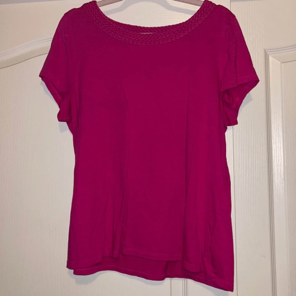 Talbots bold magenta pink braided woven collar short sleeve shirt top woman's XL